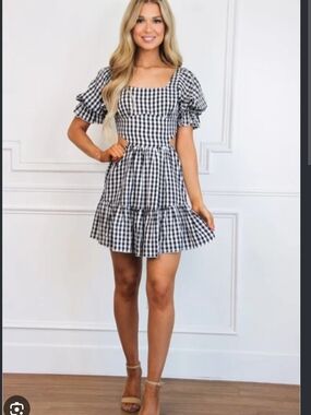 Bella And Bloom Boutique Black and White Gingham Puff Sleeve Mini Dress
